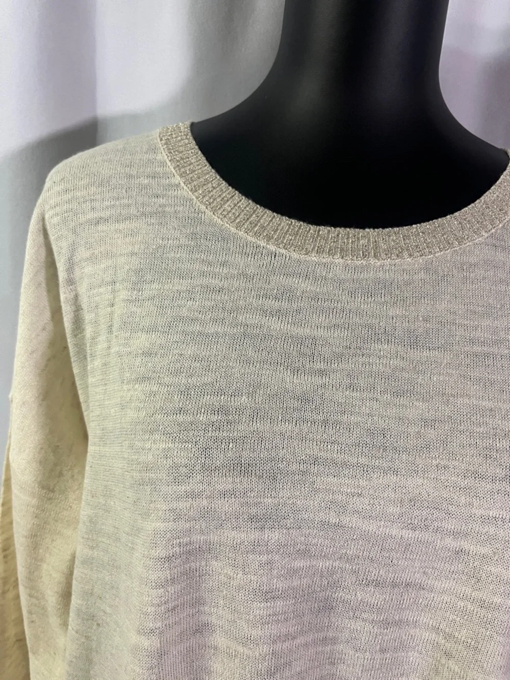 NWT LOFT Cream Gold Shimmer Trim 3/4 Sleeve Linen Blend Sweater